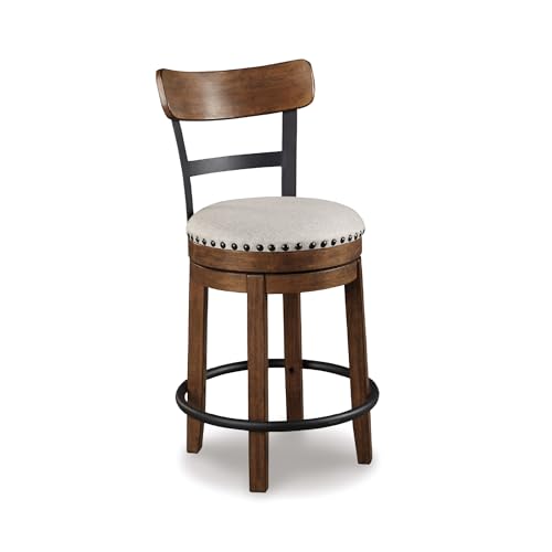Signature Design by Ashley Valebeck Rustic Farmhouse Swivel Bar Stool – 24.5″ Counter Height, 360° Swivel Metal & Wood Frame, Polyester Upholstery – Brown