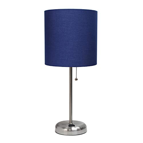 Simple Designs LT2024-NAV Brushed Steel Stick Table Desk Lamp with Charging Outlet and Drum Fabric Shade, Navy Blue Shade