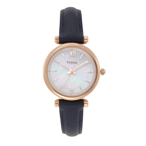 (-36%) Fossil Carlie Mini Watch für Damen, Quarzwerk mit Edelstahl- oder Lederarmband, Blau und Roségoldton, 28MM