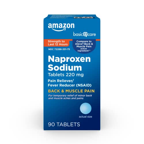 Amazon Basic Care Back and Muscle Pain, 220 mg, 12-Hour Pain Relief, Naproxen Sodium Tablets, Pain Reliever and Fever Reducer, 90 Count