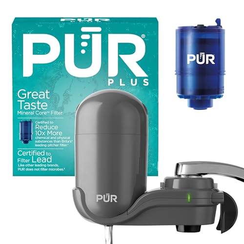 PUR Plus Vertical Faucet Mount Water Filtration System, Lead-Reducing Water Filter For Sink Faucet, Easy Install, 100 Gallons, Compatible with Sinks with External Aerators, Grey