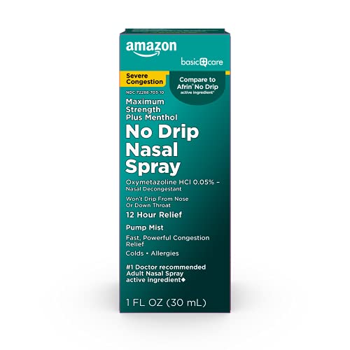 Amazon Basic Care No Drip Severe 12 Hour Nasal Decongestant Pump Mist, Steroid Free, Maximum Strength Plus Menthol 1 fl oz (Pack of 1)