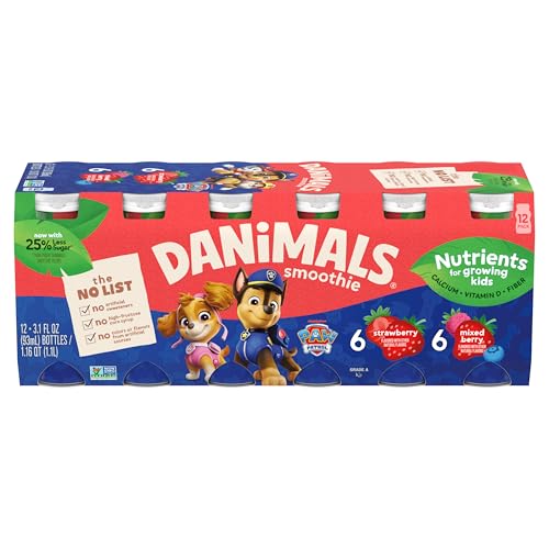 Danimals Smoothie Strawberry and Mixed Berry Dairy Drink Multi-Pack, Creamy and Delicious Low Fat Snacks for Kids, 12 Ct, 3.1 oz Smoothie Bottles​​