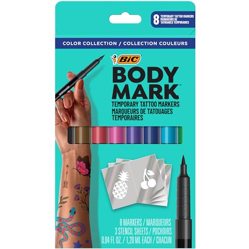 BIC BodyMark Temporary Tattoo Markers for Skin, Color Collection, Flexible Brush Tip, 8-Count Pack of Assorted Colors, Skin-Safe*, Cosmetic Quality
