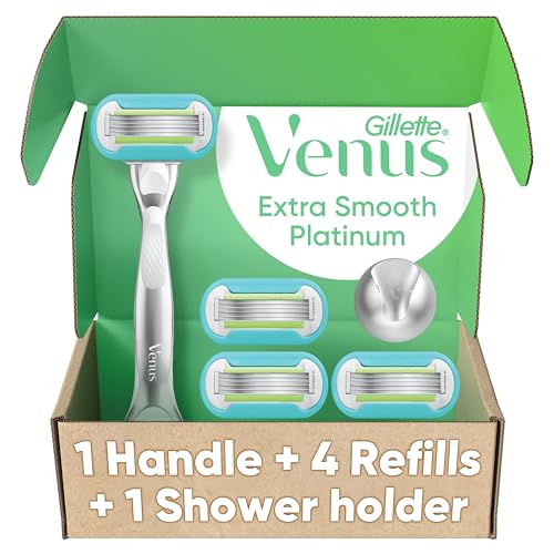 Gillette Venus Platinum Extra Smooth Metal Handle Women's Razor Handle + 4 Blade Refills, Pivoting Head and Ribbon of...