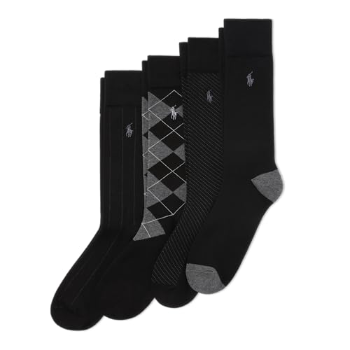 Polo Ralph Lauren Men's Assorted Pattern Dress Crew Socks 4 Pair Pack - Soft and Lightweight Cotton Comfort, Black, 6-12.5