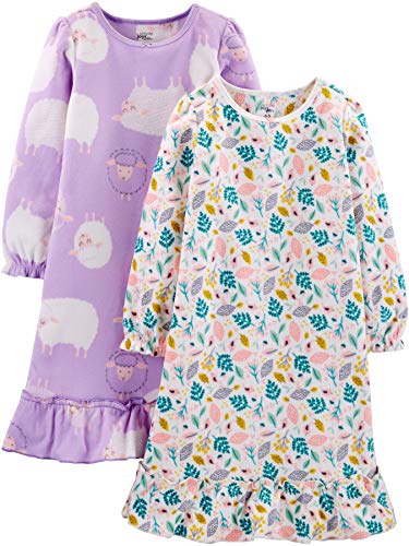 Simple Joys by Carter's Girls' 2-Pack Fleece Nightgowns, Lilac Sheep/White Floral, 6-7