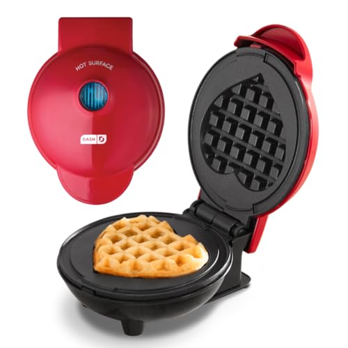 DASH Mini Waffle Maker Machine for Individuals, Paninis, Hash Browns, & Other On the Go Breakfast, Lunch, or Snacks, with Easy to Clean, Non-Stick Sides, Red Heart 4 Inch
