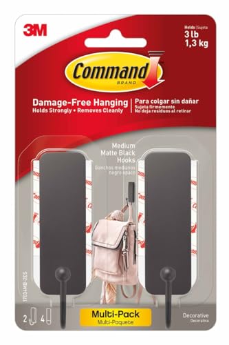 Command Medium Matte Black Decorative Hook, 2-Hooks, 4-Strips Per Pack, Decorate Damage-FreeCommand Outdoor Large Clear