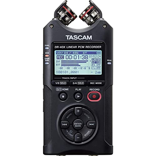 TASCAM DR-40X 4-Track Portable Handheld Field Recorder — 2 XLR/TRS Inputs, USB Audio Interface, Dual Adjustable Microphones for Stereo Recording of Music, Audio for Video and Podcasting