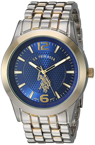 U.S. Polo Assn. Men's Analog Bracelet Watch – Blue Dial with Gold-Tone Bezel and Two-Tone Stainless Steel Band – Sleek, Durable, and Adjustable Fit for Wrists 5.5" to 8"