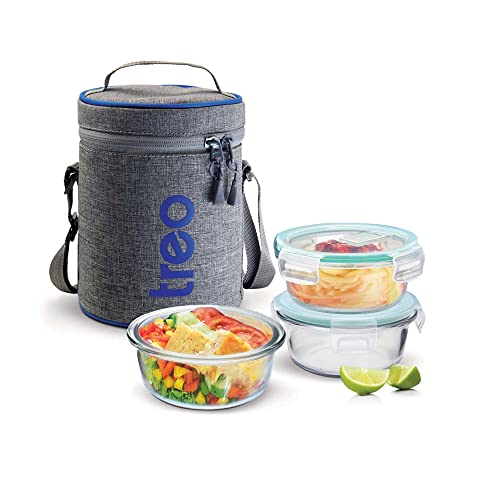 Treo by Milton All Fresh Borosilicate Glass Lunch Box Set of 3, Clear, 400 ml Each with Durable Lunch Bag, Microwave & Dishwasher Safe, Leakproof Cont