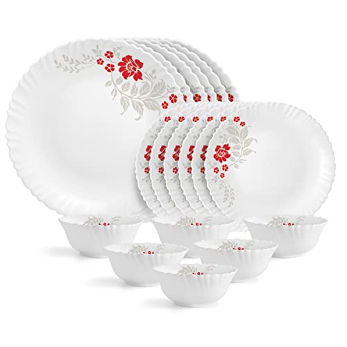 CELLO Scarlet Bliss Dazzle Series Opalware Dinner Set of 18 Pieces for Family of 6 | Bone-Ash Free & Leadfree Opal Glass, Microwave & Dishwasher Safe, Plates & Bowls Crockery Set for Dining & Gifting