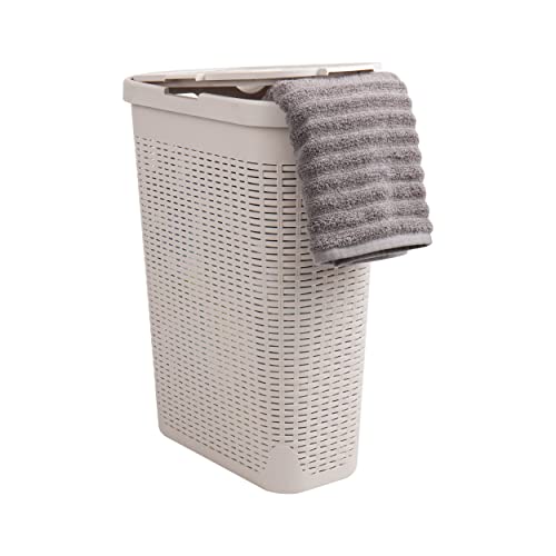Mind Reader Slim Laundry Hamper with Lid, 40L Clothes Basket, Premium Wicker Design, Plastic, Ivory