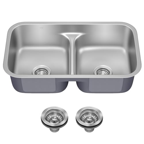 KRAUS Premier 32-inch Undermount 50/50 Double Bowl Low Divider 18-Gauge Stainless Steel Kitchen Sink with Strainers (x2), KBU32