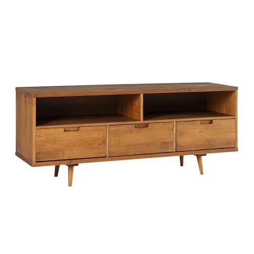 Walker Edison 3-Drawer Mid Century Modern Wood TV Stand for TV's up to 65" Flat Screen Cabinet Door Living Room Storage Entertainment Center, 58 Inch, Caramel