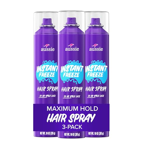 Aussie Instant Freeze Hair Spray for Extreme Hold, Infused with Jojoba Oil & Sea Kelp, Long-Lasting All-Day Hold, Fresh Citrus Scent, Safe for All Hair Types, 10 Fl Oz, 3 Pack
