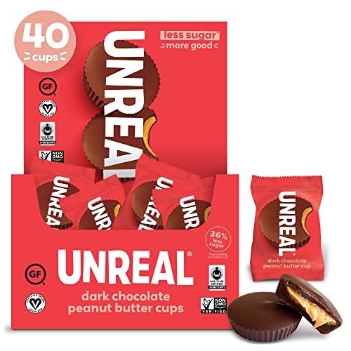 UNREAL Dark Chocolate Peanut Butter Cups (40 Individually Wrapped Cups) | Vegan, 5g Sugar | Gluten Free, Fair Trade, Non-GMO | .53oz each