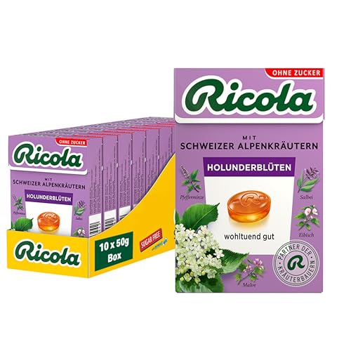 (-24%) Ricola Holunderblüten, 10 Böxli Original Schweizer Kräuter-Bonbons mit 13 Alpenkräutern & fruchtig-blumiger Holunderblüte, zuckerfrei, 10 x 50g, vegan
