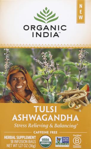 ORGANIC INDIA Calming Tulsi Ashwagandha Tea - Organic Tea Bags, Holy Basil Tea, Vegan, USDA Certified Organic, Non-GMO, Caffeine Free Tea - 18 Infusion Bags, 1 Pack