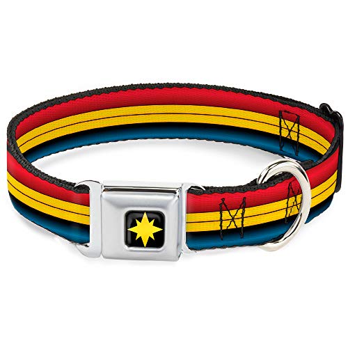 Dog Collar Seatbelt Buckle Captain Marvel Stripe Red Gold Blue 9 to 15 Inches 1.0 Inch Wide
