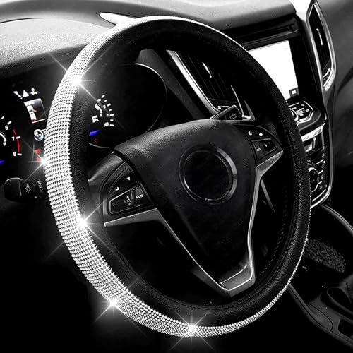 New Diamond Leather Steering Wheel Cover with Bling Bling Crystal Rhinestones, Universal Fit 15 Inch Car Wheel Protector