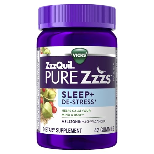 ZzzQuil PURE Zzzs De-Stress Melatonin Sleep Aid Gummies Formulated with the adaptogen ashwagandha,