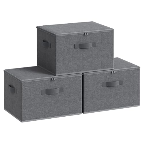SONGMICS Caixas de armazenamento grandes com tampas, organizador de armário de tecido de 31 litros com zíper, pacote com 3 caixas de armazenamento dobráveis, 40 x 29 x 24 cm, cinza ardósia URYZB03G