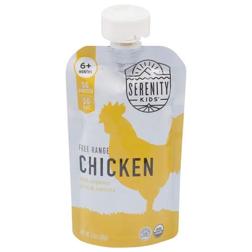 Serenity Kids 6+ Months Baby Food Pouches Puree Made With Ethically Sourced Meats & Organic Veggies | 3.5 Ounce BPA-Free Pouch | Free Range Chicken, Pea, Carrot | 1 Count