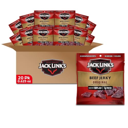 Jack Link's Beef Jerky, Original, Multipack Bags - Flavorful Meat and Protein Snacks for Lunches, Great Stocking Stuffers, Individual Packs - 7g of Protein, Made with 100% Beef - 0.625 oz (Pack of 20)