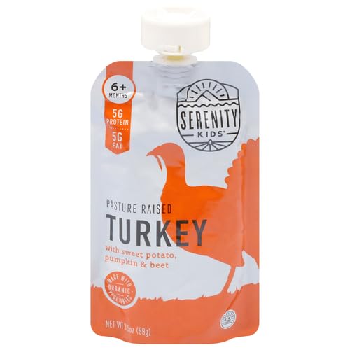 Serenity Kids 6+ Months Baby Food Pouches Puree Made With Ethically Sourced Meats & Organic Veggies | 3.5 Ounce BPA-Free Pouch | Free Range Turkey, Sweet Potato, Pumpkin, Beet | 1 Count