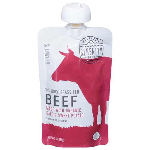Serenity Kids 6+ Months Baby Food Pouches Puree Made With Ethically Sourced Meats & Organic Veggies | 3.5 Ounce BPA-Free Pouch | Grass Fed Beef, Kale, Sweet Potato | 1 Count