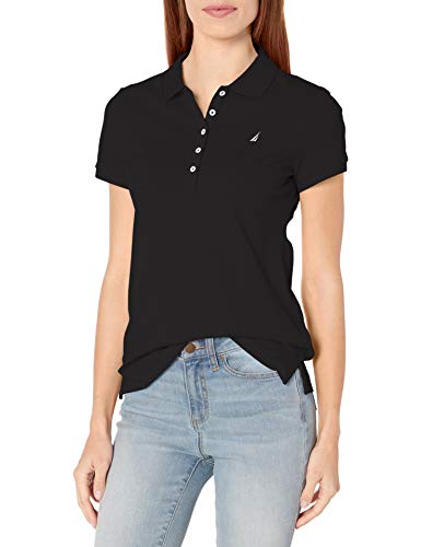 Nautica Women's 5-Button Short Sleeve Breathable 100% Cotton Polo Shirt Shirt, True Black, Medium