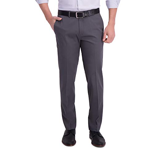 Haggar Men's Iron Free Premium Khaki Straight Fit Flat Front Flex Waist Casual Pant Dark Grey 34 x 32