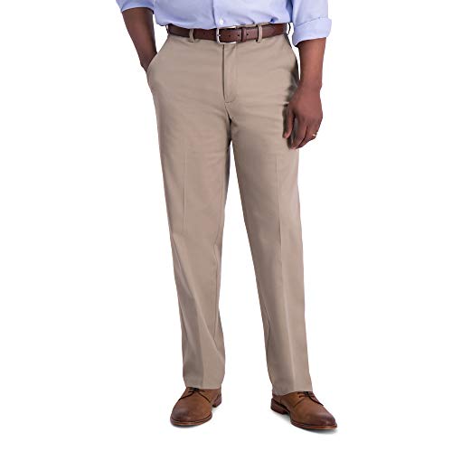 Haggar mens Iron Free Premium Khaki Classic Fit Flat Front Expandable Waist Casual Pants, Medium Khaki, 36W x 30L US