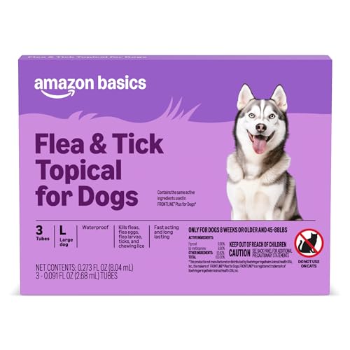 Amazon Basics Flea and Tick Topical Treatment for Large Dogs (45-88 pounds), Unscented, 3 Count, Packaging May Vary