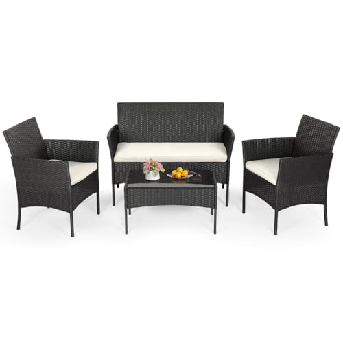 FDW | 4-Piece Patio Furniture Set | Black | Outdoor Wicker Furniture with Coffee Table | Modern Rattan Chairs Conversation Set | Outdoor Seating | Weather-Resistant | for Porch, Garden, Lawn