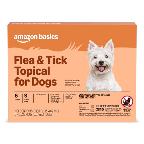 Amazon Basics Flea and Tick Topical Treatment for Small Dogs (5-22 pounds), 6 Count, Packaging May Vary