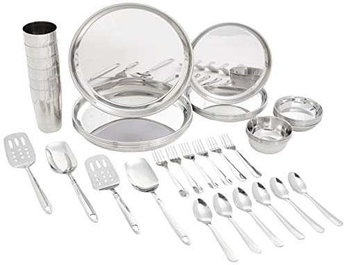 Amazon Brand - Solimo Stainless Steel Dinner Set | Solid | 30 Pieces | Silver