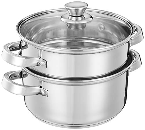 Amazon Brand - Solimo Stainless Steel Steamer with Glass Lid | Induction Base | Modak, Momo Maker | 17 x 22 x 22.4 Cm | 4L | Silver