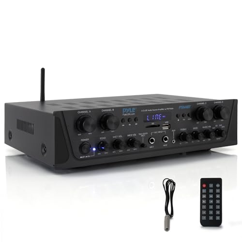 Pyle 500W 4-Channel Karaoke Bluetooth Amplifier - Home Theater Audio Receiver with AUX - FM - RCA Subwoofer Output - USB - Microphone Input with Echo for Wireless Music Streaming - PTA44BT