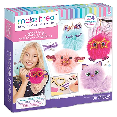 Make It Real DIY Cuddle Mob Kit - Create 4 Adorable Pom Pom Characters with 36 Pieces - All-in-One Arts & Crafts Set for Tweens & Girls - Fun, Skill-Building Craft for Kids Ages 8+ Creative Gift