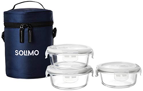 Amazon Brand - Solimo Glass Lunch Box Set with Sliding Air Vents and Bag (3 pieces, 400ml, Transparent)