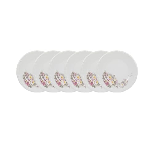 Estojo com 6 Pratos Rasos. Modelo Redondo com Relevo Pomerode. Decoração Eterna. Fabricado pela Porcelana Schmidt.