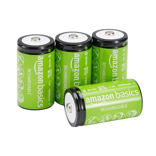 Amazon Basics Rechargeable D Cell Batteries, 4-Pack, NiMH, 10000 mAh, Recharge up to 1000x Times, Pre-Charged