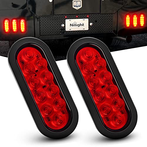 Nilight - TL-01 6" Oval Red LED Tail 2PCS w/Surface Mount Grommets Plugs IP65 Waterproof Stop Brake Turn Trailer Lights for RV Truck Jeep