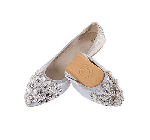 Lauthen.S Women Foldable Ballet Flats, Pointed Toe Wedding Rhinestone Slip on Flat Shoes(Silver,7.5-8 US M)