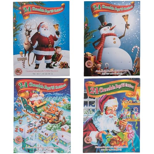 Fun Express Christmas Advent Calendars with Premium Milk Chocolate Candy - 4 Pack Bundle with 24 Pieces Each | Holiday Countdown Calendar for Kids, Family & Classroom Parties | 10" x 14" Festive Designs