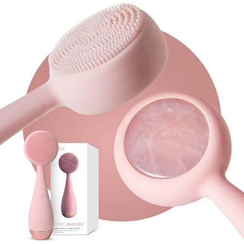 PMD Clean Pro RQ - Smart Facial Cleansing Device with Silicone Brush & Rose Quartz Gemstone ActiveWarmth Anti-Aging Massager - Waterproof - SonicGlow Vibration - Clear Pores & Blackheads