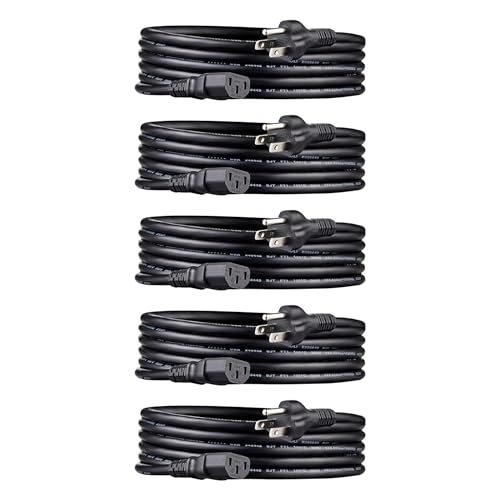 Amazon Basics PC Power Cord, 10 feet, 5-Pack, AC Power Cord for Monitor, Computer, TV, 3 Prong, 18 AWG, 125 Volts, Black